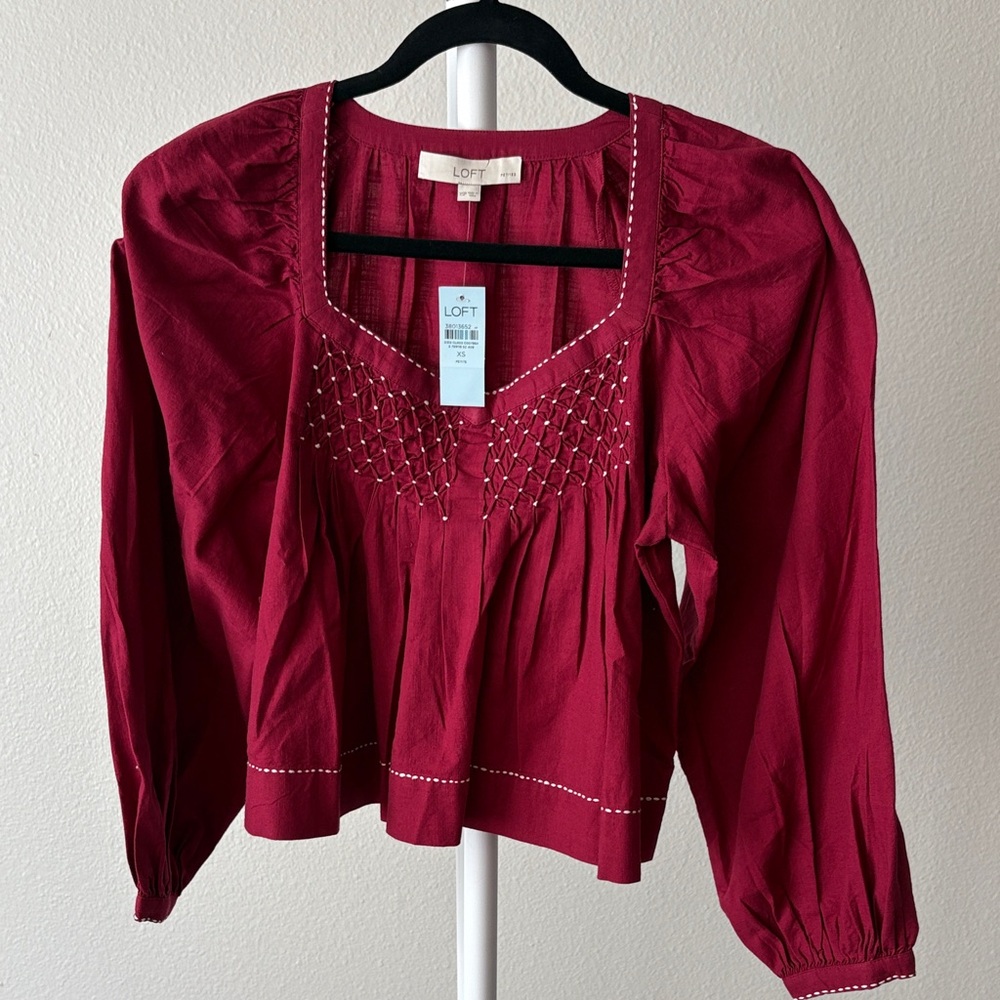 LOFT Women's Burgundy Embroidered Blouse NWT